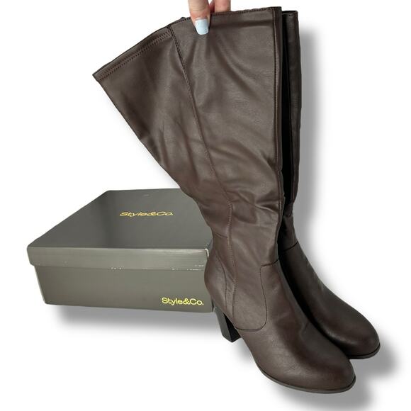 NEW Style & Co Brown Knee High Boots Size 7.5W XWC Wide Calf Riding Heeled - Picture 2 of 7